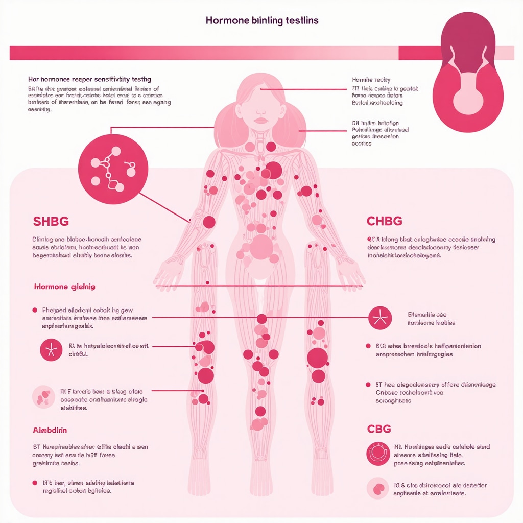 Infographic showing hormone receptor sensitivity assays, hormone binding globulins, and genetic data integration in BHRT optimization