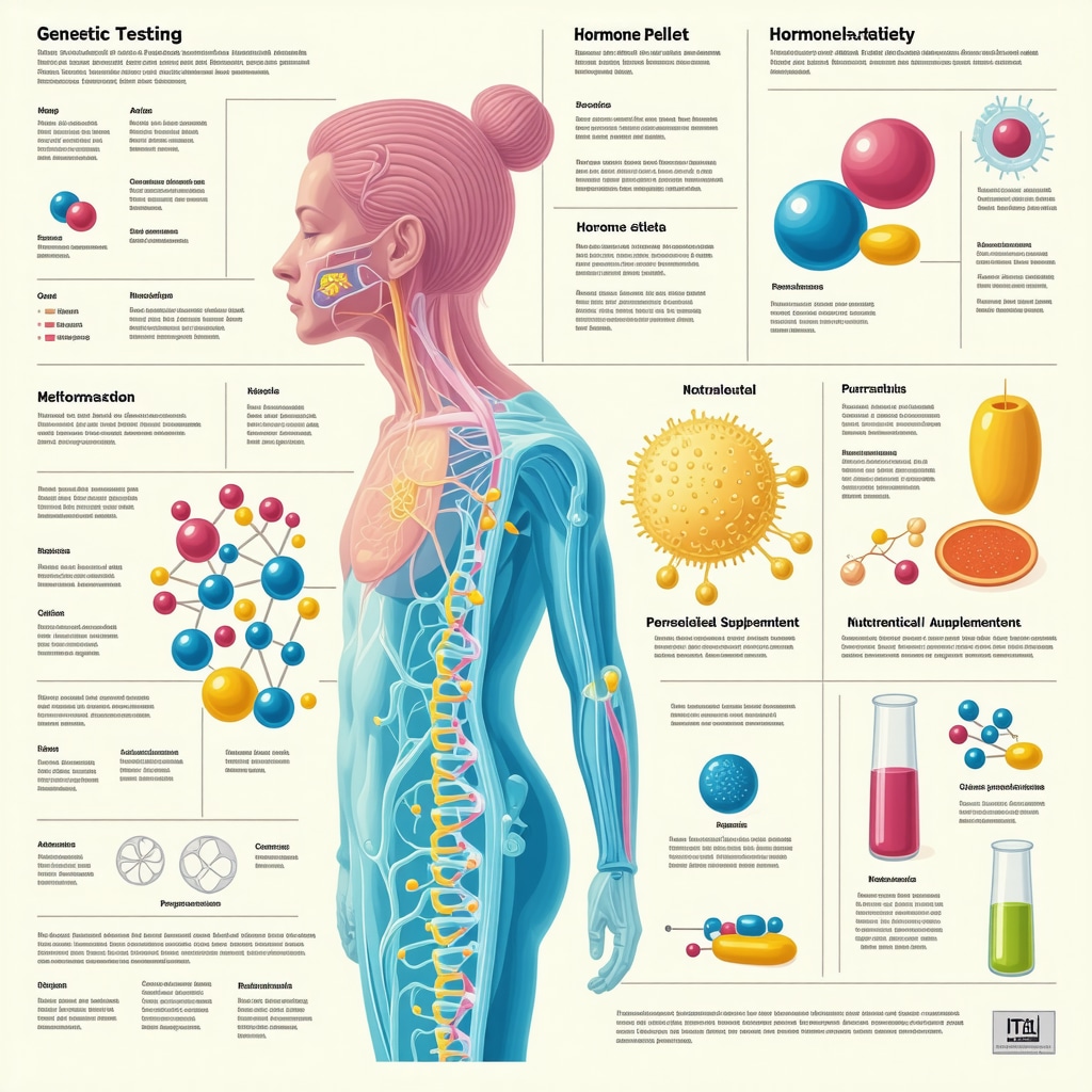 Detailed infographic of personalized hormone pellet therapy with genetics and nutraceuticals