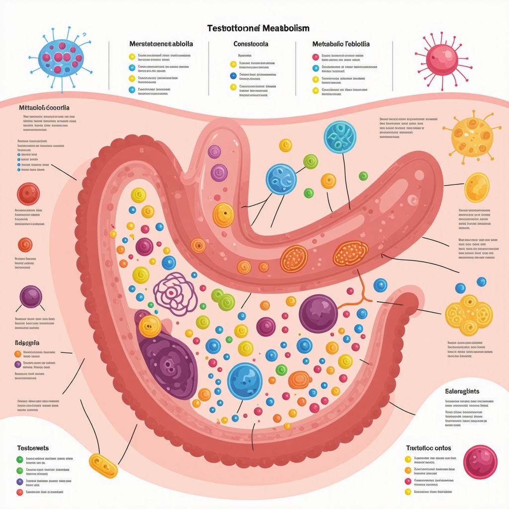 Diagram showing gut bacteria types influencing testosterone metabolism and pathways