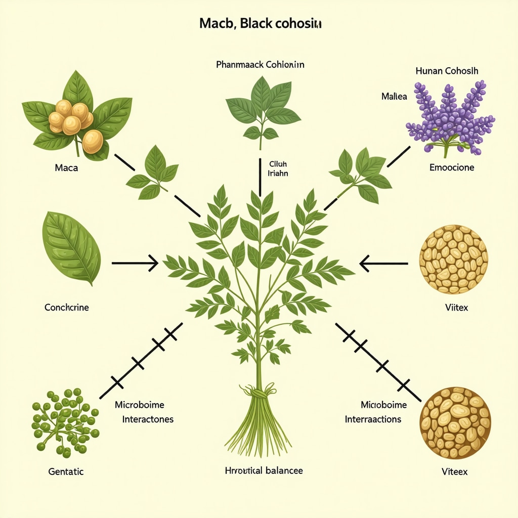 Diagram showing herbs affecting hormonal pathways, genetic polymorphisms, and gut microbiome role in hormone metabolism