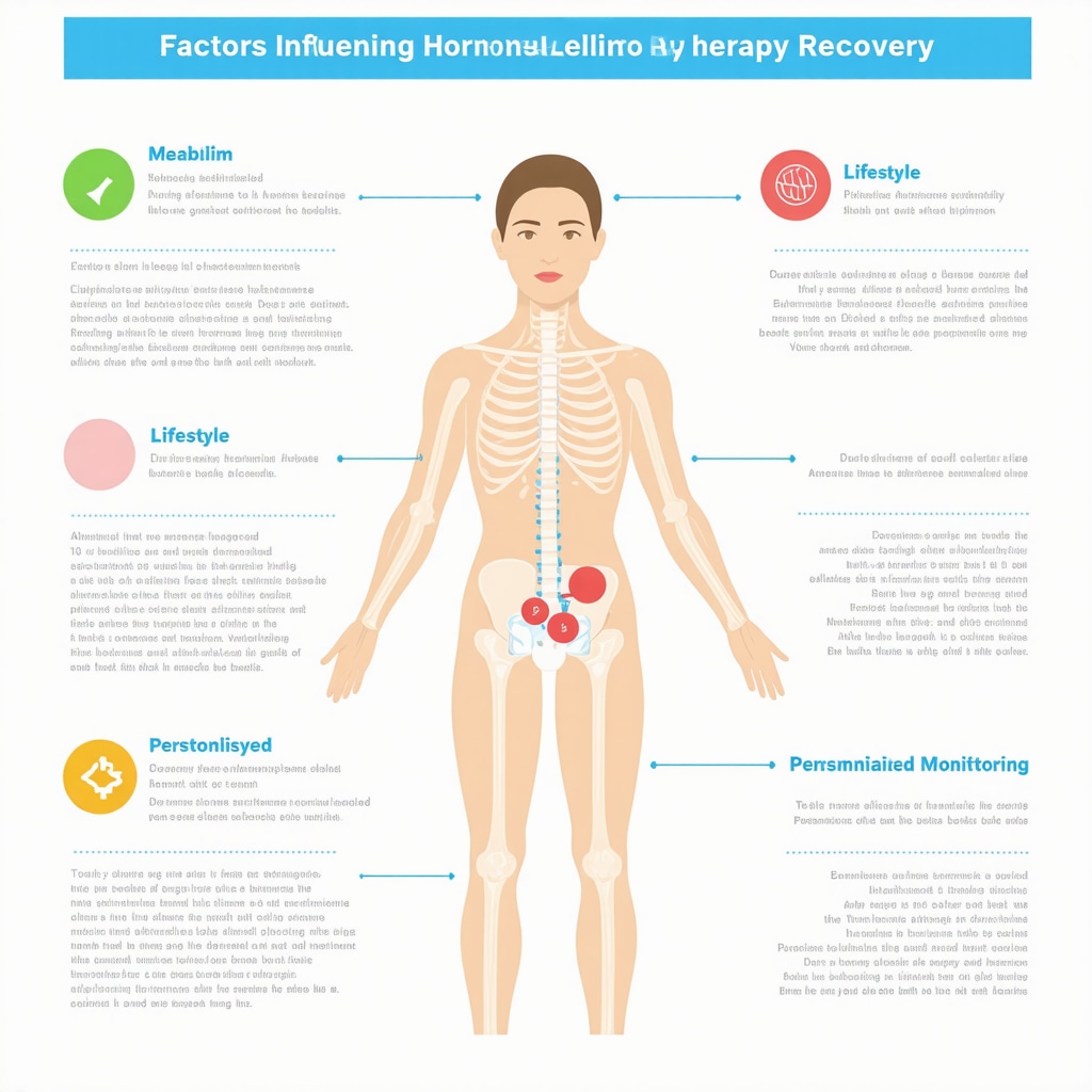 Infographic illustrating factors influencing hormone pellet therapy recovery such as metabolism, baseline hormone levels, lifestyle, and personalized treatment monitoring