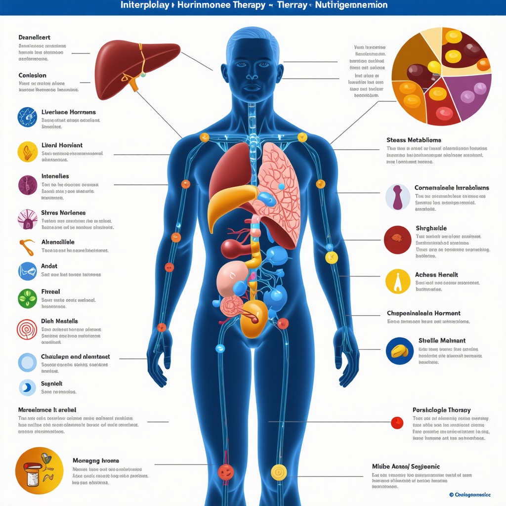 Infographic showing genetic, liver, stress, and dietary factors influencing personalized hormone therapy