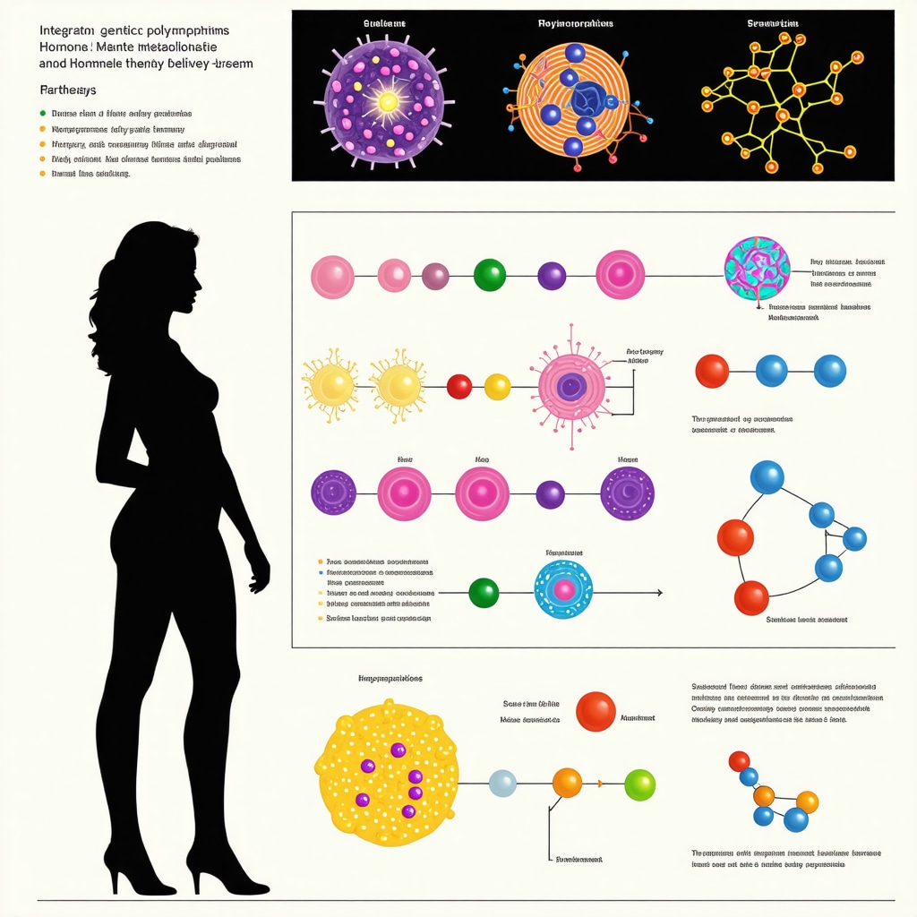 Diagram showing genetic markers, hormone metabolites, and nanotechnology-based hormone delivery methods for personalized female hormone therapy
