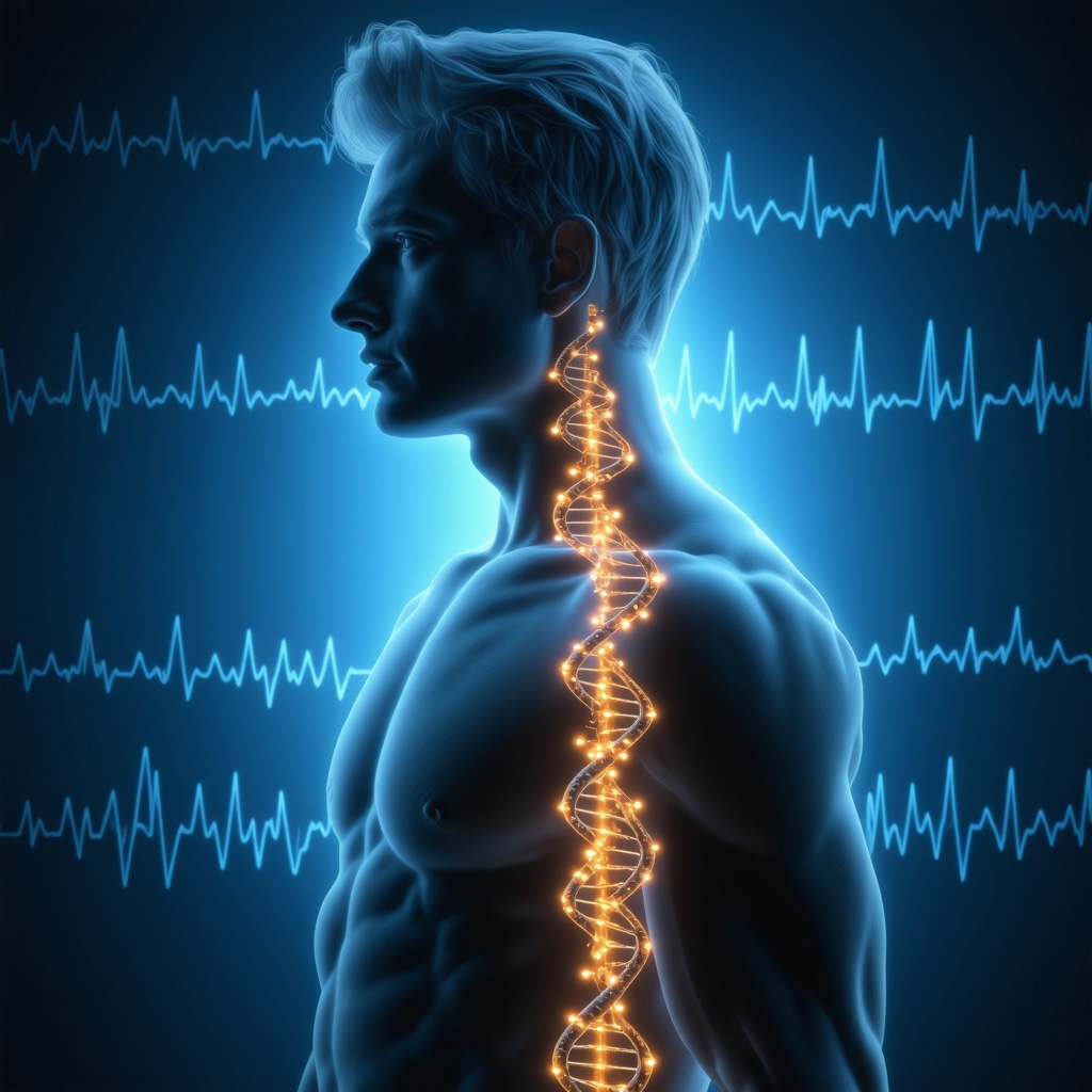 Human silhouette with DNA strands, epigenetic markers, and circadian rhythm graphs illustrating personalized hormone therapy