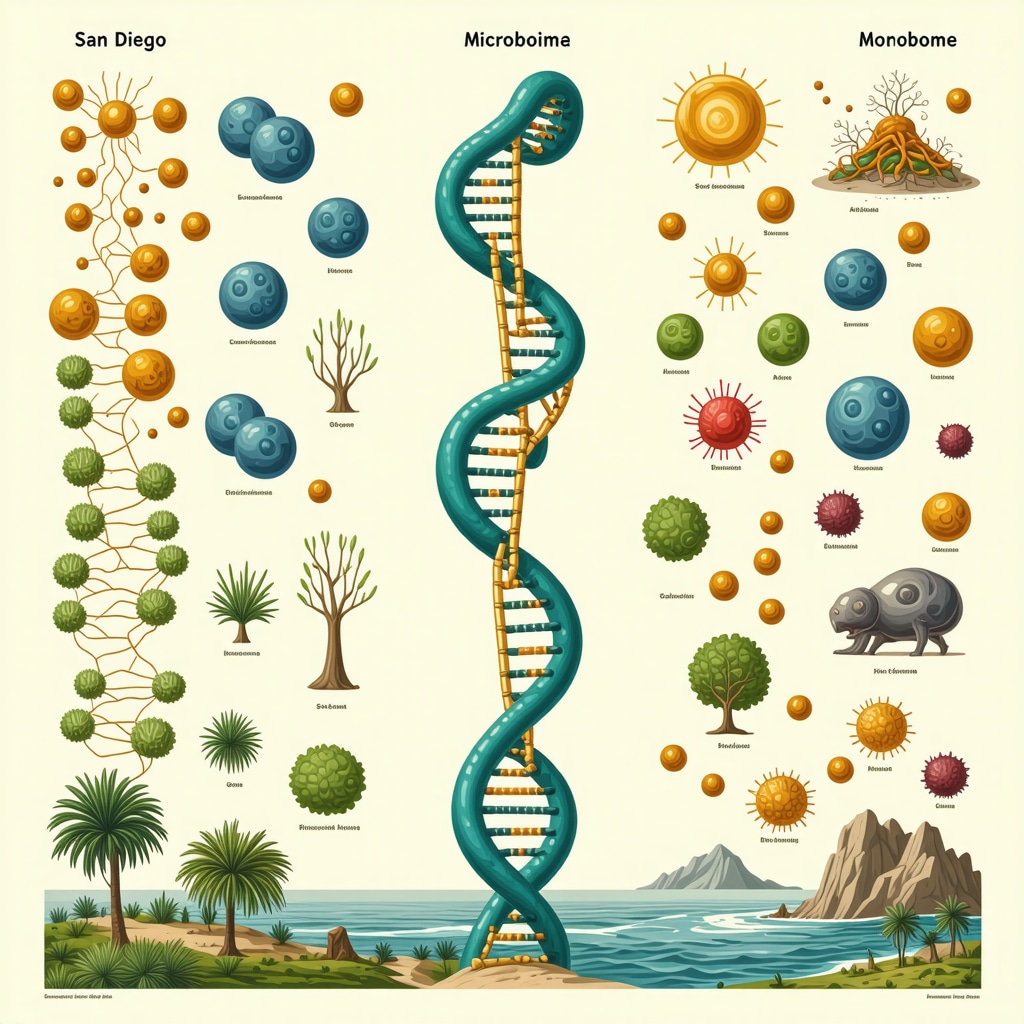 Infographic showing how genetics, microbiome, and San Diego environment synergistically influence hormone balance