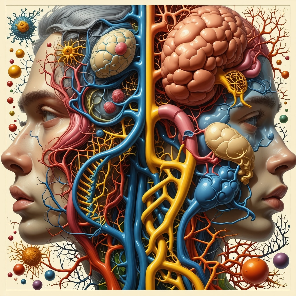 Digital illustration of endocrine system with DNA and gut microbiome elements