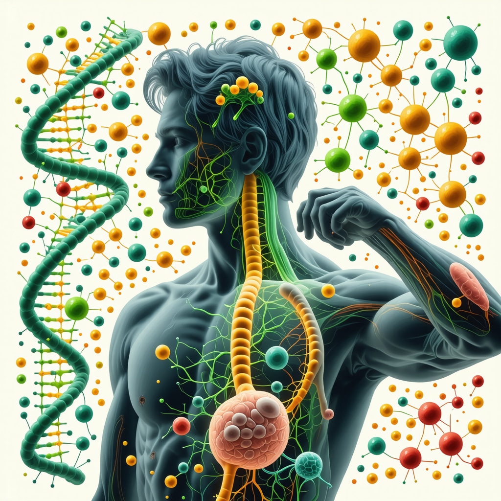 Digital illustration showing DNA, gut bacteria, and hormones interconnected symbolizing personalized bioidentical hormone therapy
