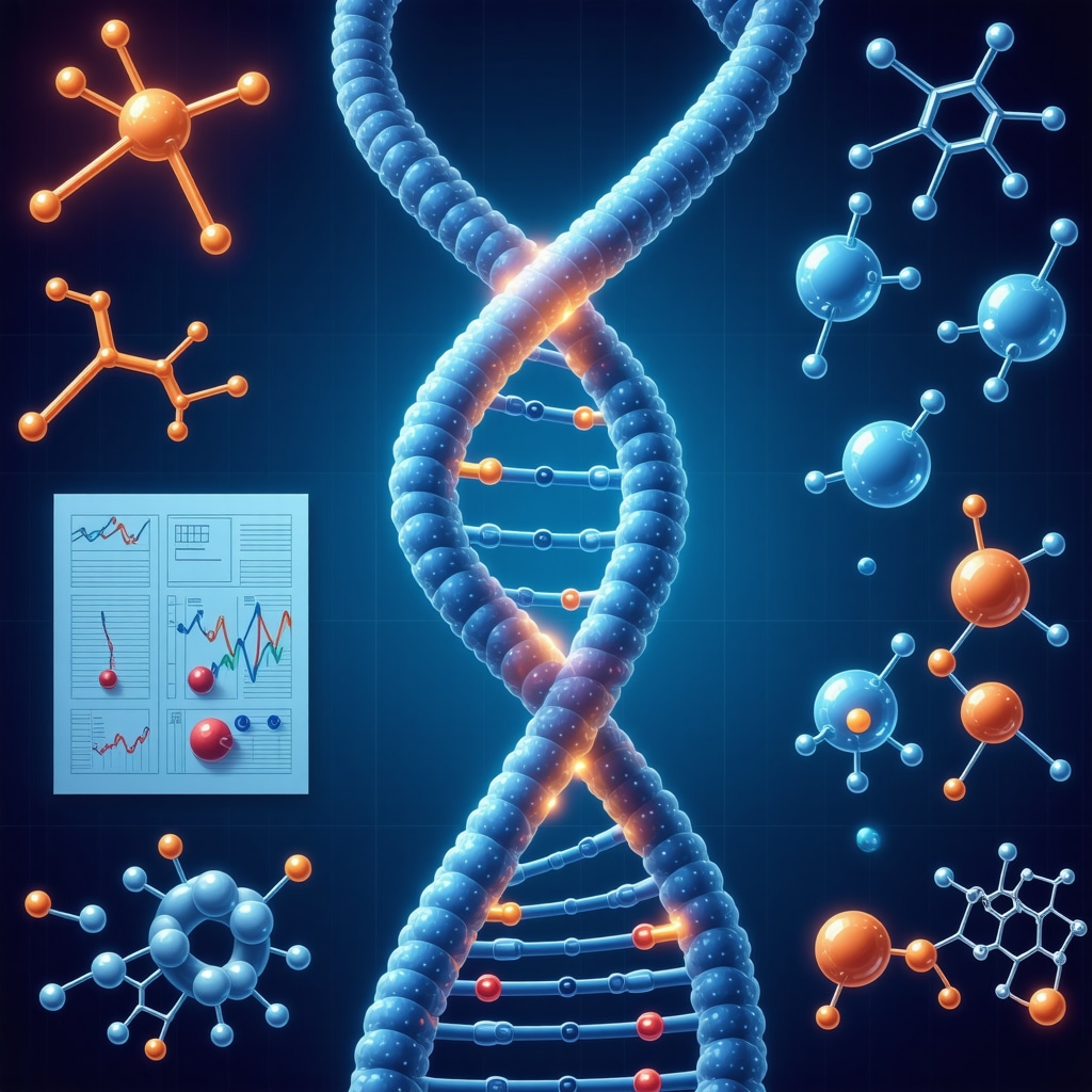 Illustration of DNA helix intertwined with hormone pellets and molecular structures symbolizing precision medicine in hormone therapy