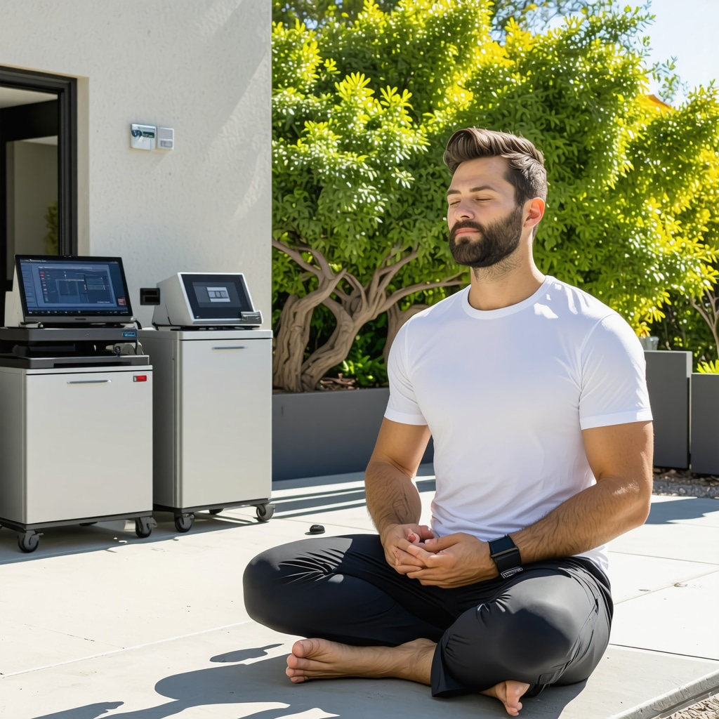 Man practicing mindfulness outdoors with wearable biosensor and advanced hormone testing equipment in clinic