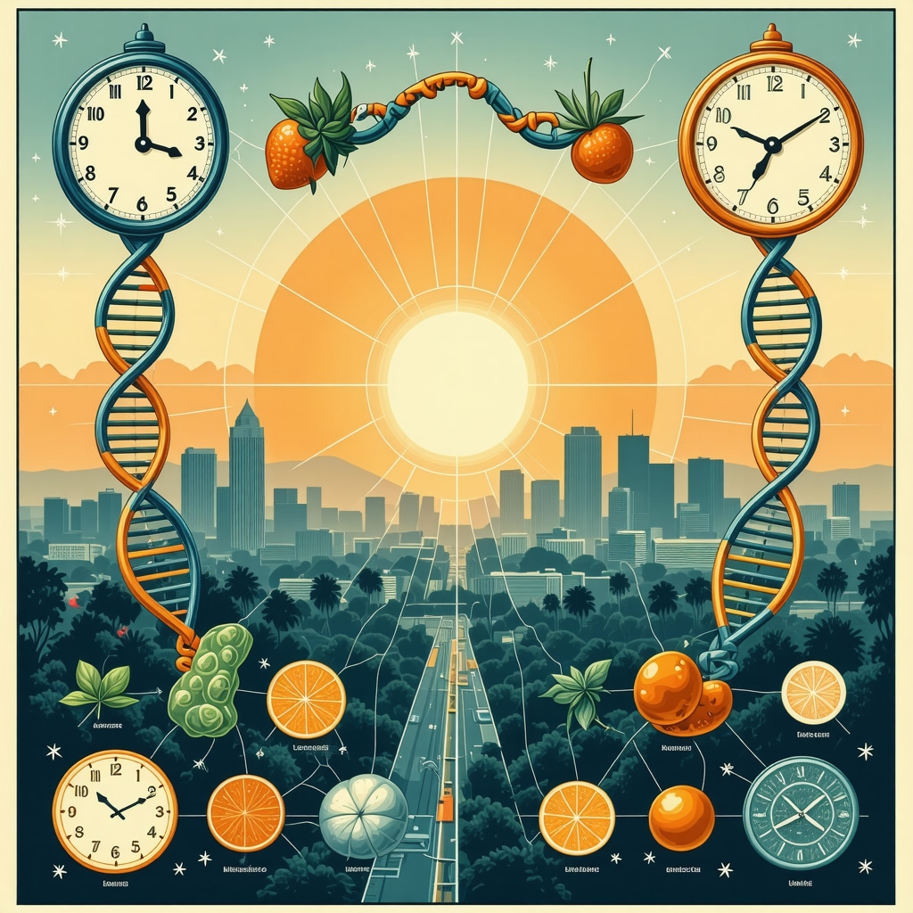 Infographic showing epigenetics, circadian rhythms, and gut microbiome interconnected with hormonal health against San Diego backdrop