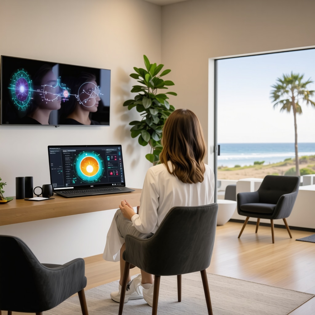 Modern hormone clinic consultation showing epigenetic data and neurofeedback equipment with coastal San Diego backdrop