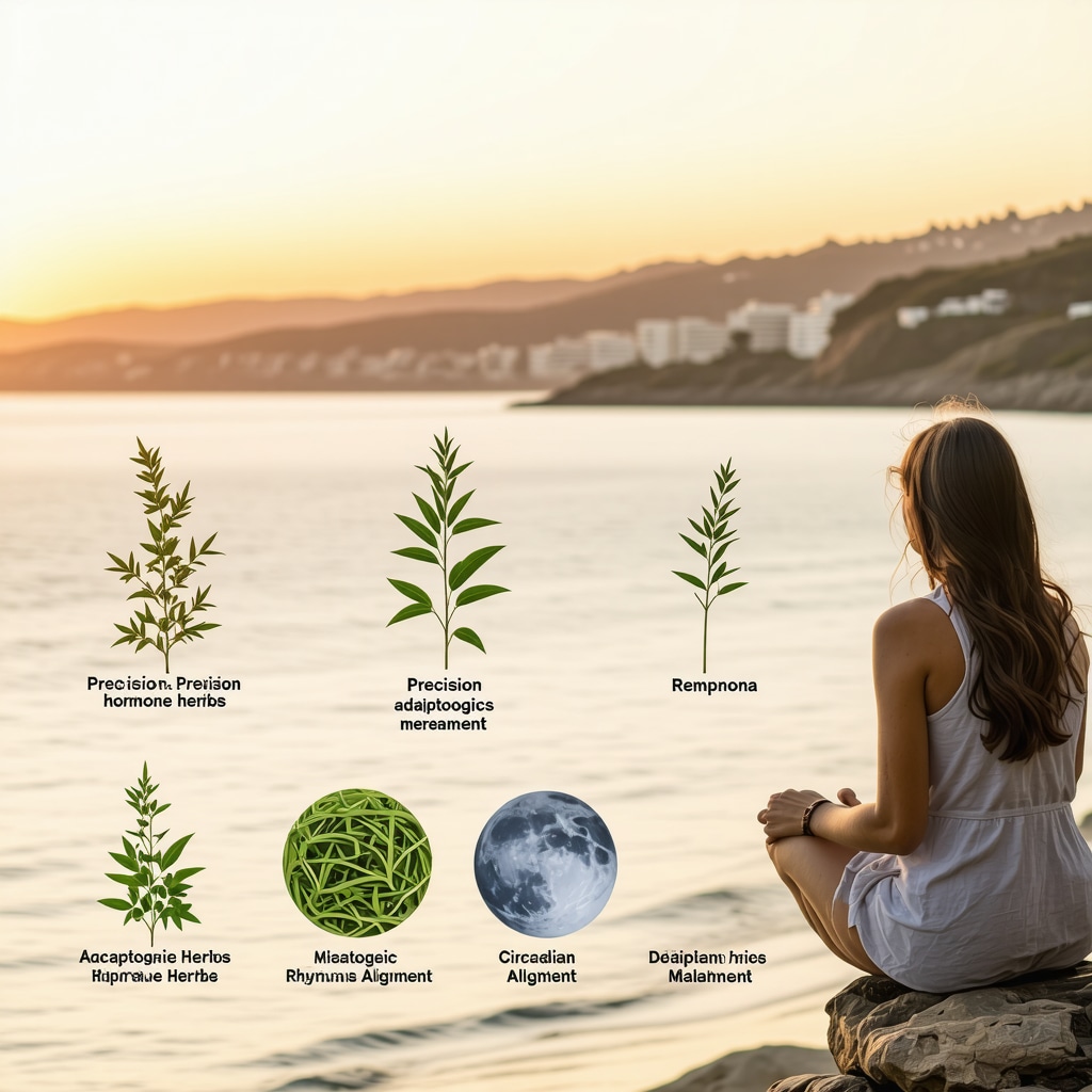 Infographic showing precision hormone testing, adaptogens, and circadian rhythm strategies for menopause relief with San Diego coastline background