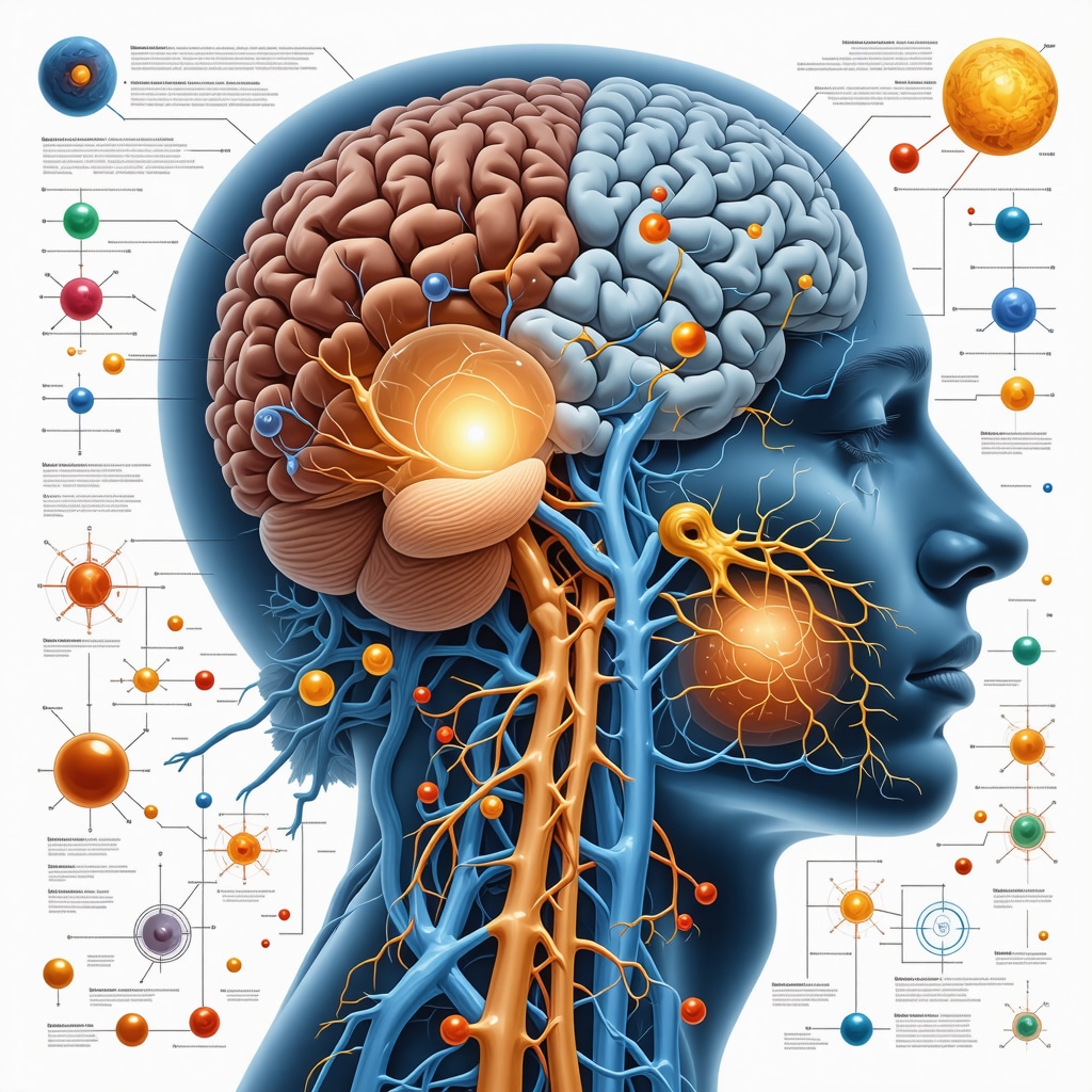 Digital illustration of human endocrine system interconnected with gut microbiome and brain neuroendocrine pathways highlighting hormone regulation