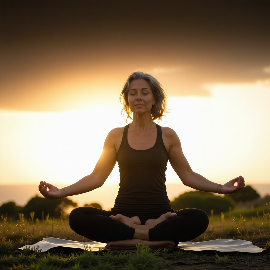 Woman practicing yoga at sunrise representing menopause wellness and BHRT benefits