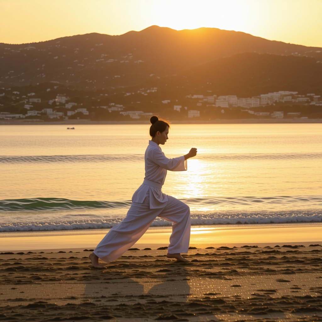 Person performing Tai Chi on a San Diego beach at sunrise illustrating mindful movement for hormone health