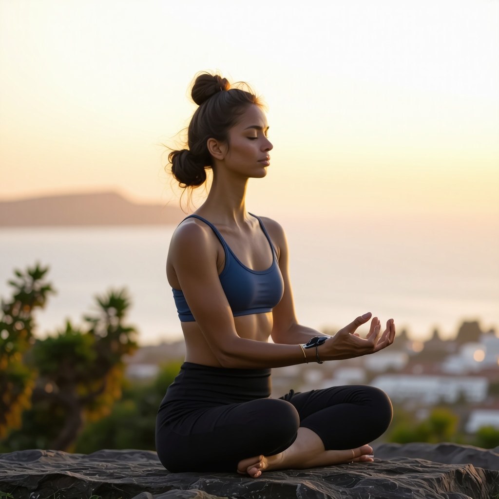 Woman meditating outdoors in San Diego wearing biometric wearables, symbolizing integrative hormone therapy and menopause management