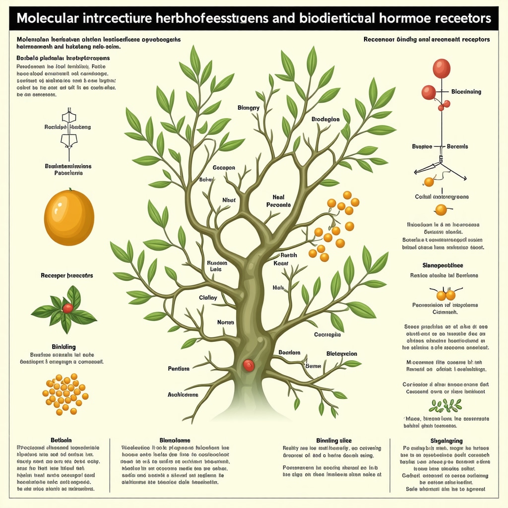 Infographic showing molecular binding of herbal compounds and bioidentical hormones to estrogen receptors