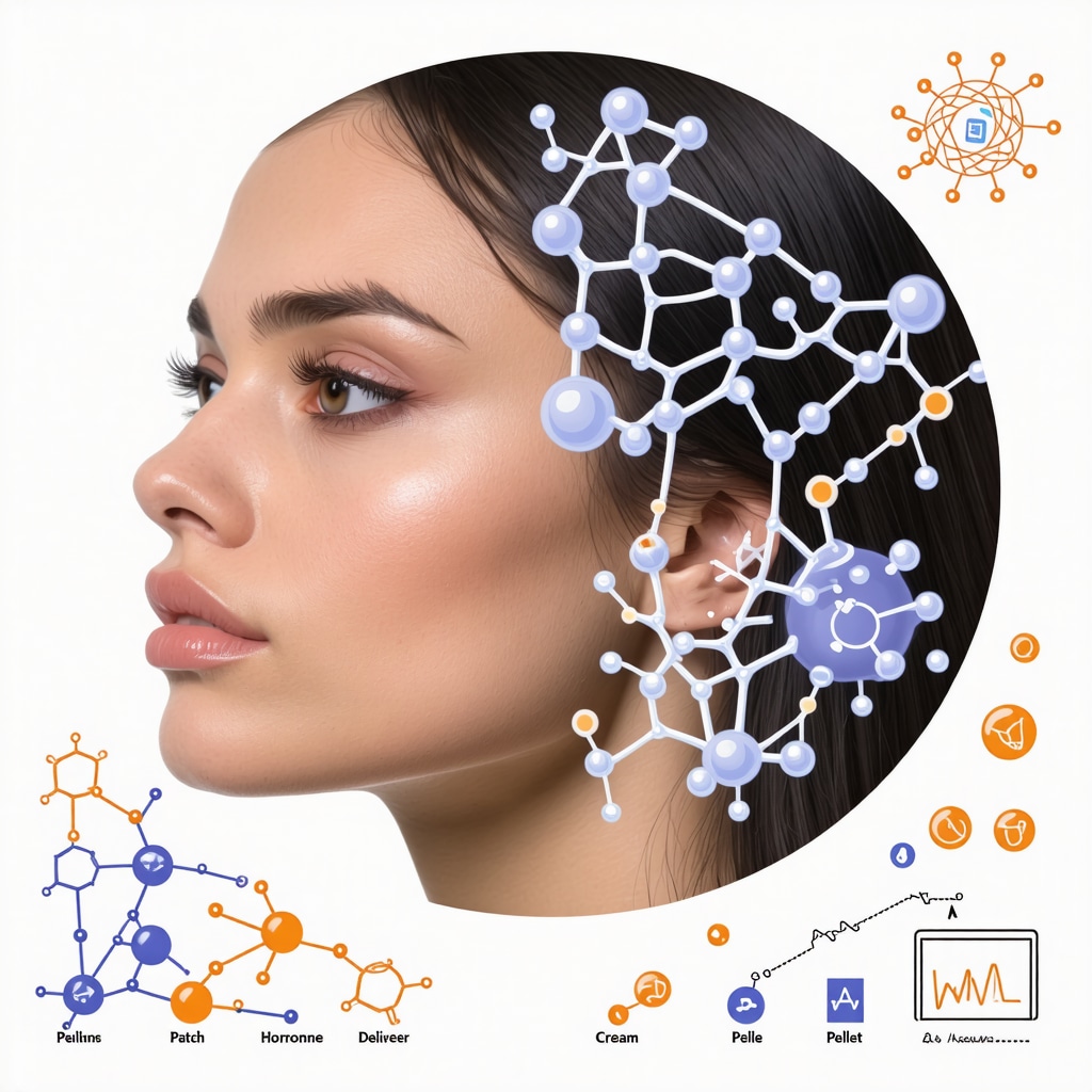 Diagram showing bioidentical hormone receptor interactions, delivery methods, and digital health monitoring icons