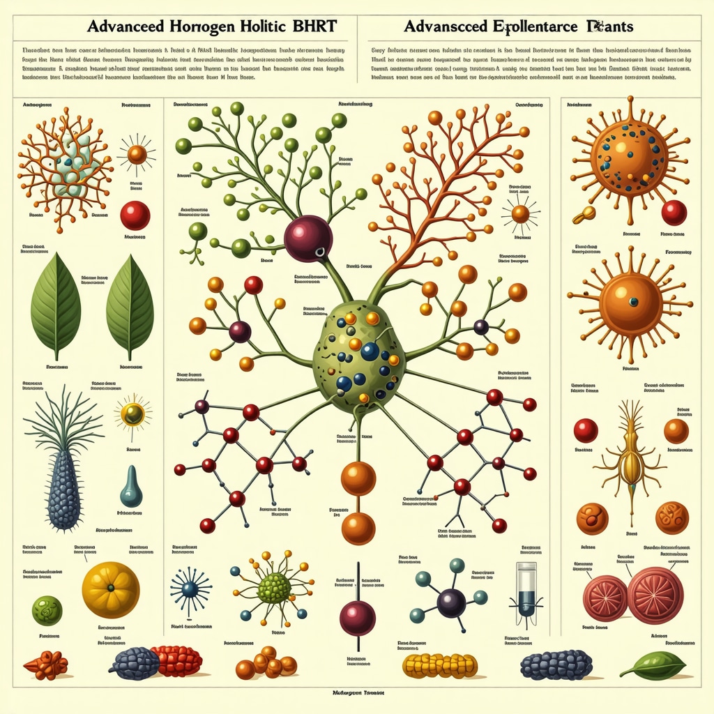 Infographic depicting bioidentical hormone molecular interactions, epigenetic modifications, and integrative therapy elements relevant to holistic BHRT