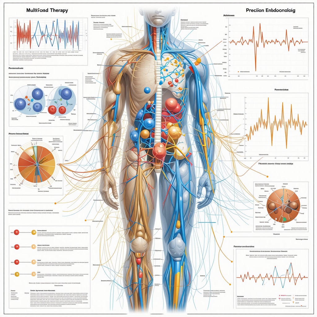 Medical illustration of multi-omics data integration and hormone receptor pathways for precision endocrinology