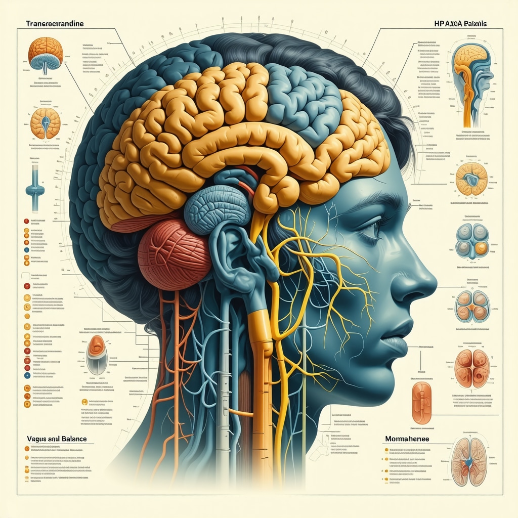 Infographic showing TMS and VNS effects on hypothalamic-pituitary-adrenal axis and hormone balance