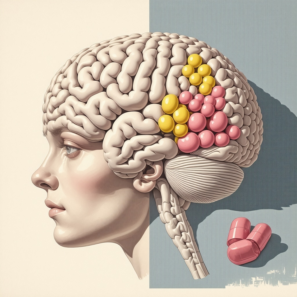 Illustration of brain regions with neuroplasticity and hormone pellet therapy concept