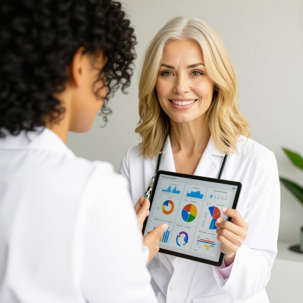 Female hormone specialist showing hormone biomarker charts and nutrition plans to menopausal woman in clinic