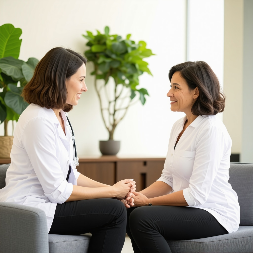 Female hormone specialist consulting patient about hormone pellet therapy in a bright San Diego clinic