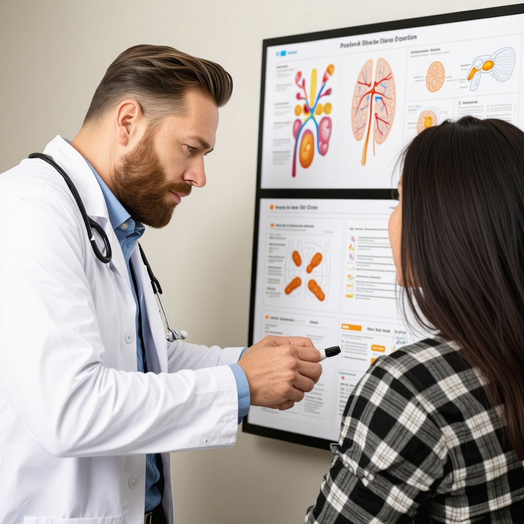 Endocrinologist and patient discussing hormone pellet therapy with hormone test results and digital charts in clinic