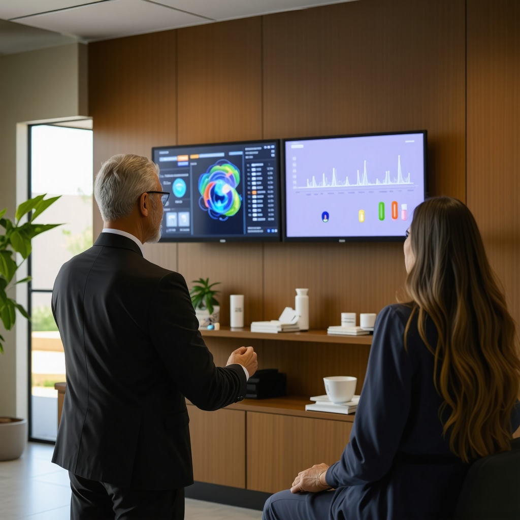 Patient consulting hormone specialist with genomic and hormone level data on digital displays in modern San Diego clinic