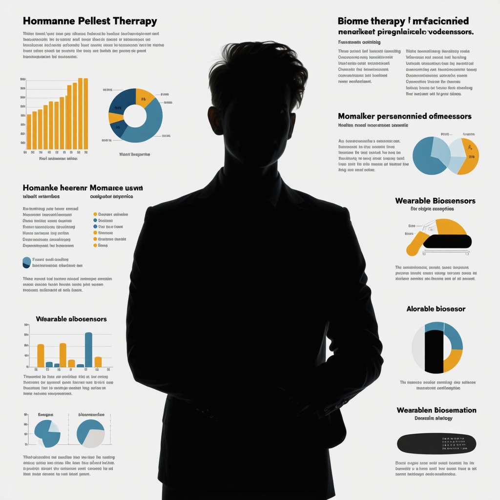 Infographic showing hormone pellet therapy being optimized by biomarker analytics and wearable biosensor data in San Diego