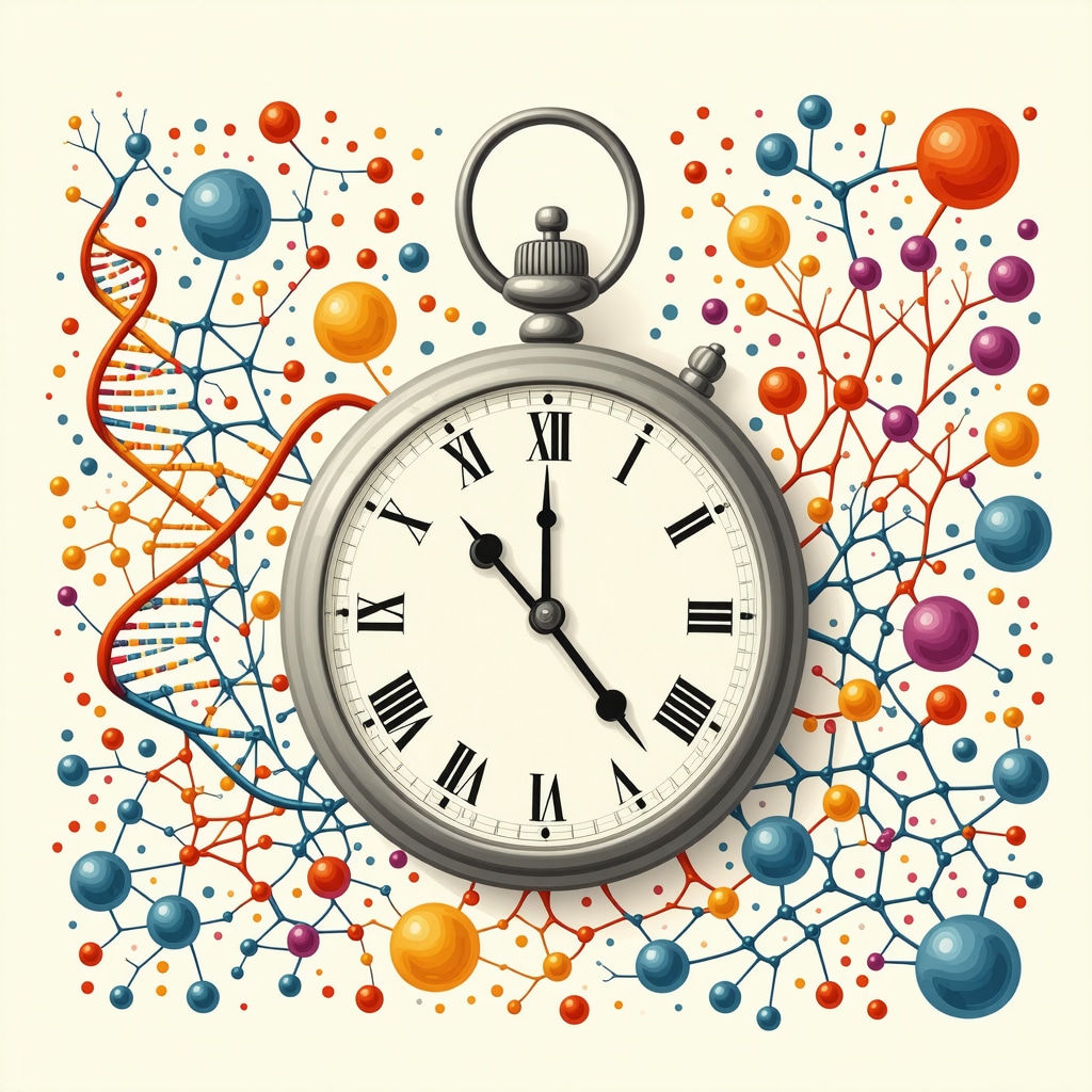 Illustration depicting genetic markers, gut microbiome, hormone molecules, and circadian clock highlighting personalized hormone optimization