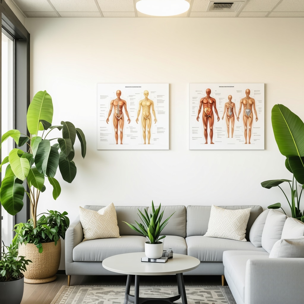 Modern consultation room for hormone therapy showing hormone charts and natural elements