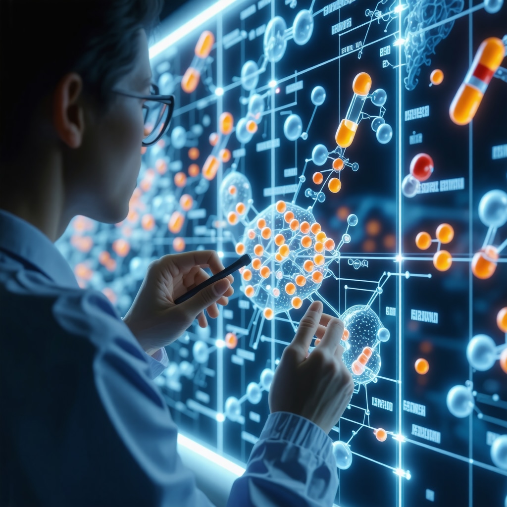 Healthcare professional reviewing pharmacogenomic data related to hormone pellet therapy with molecular and pellet imagery in a futuristic clinic