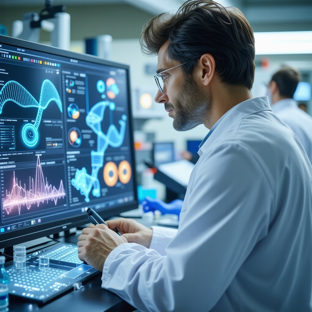 Clinician reviewing genomic and biomarker data for personalized bioidentical hormone therapy using AI tools