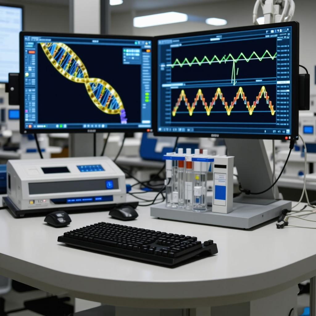 Laboratory scene with DNA sequencing and hormone therapy tools representing advanced personalized hormone treatment