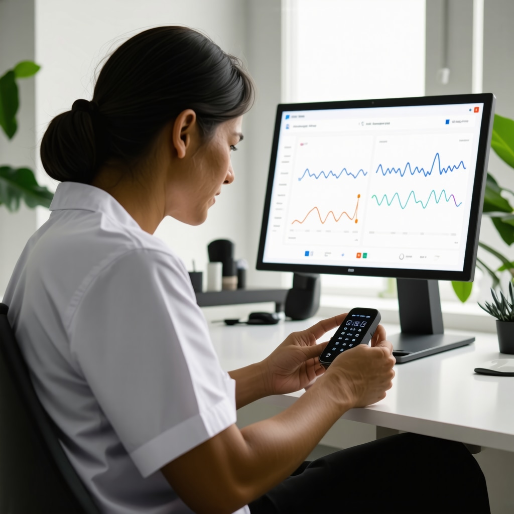Patient using wearable device for hormone monitoring with digital dashboard displaying hormone level graphs