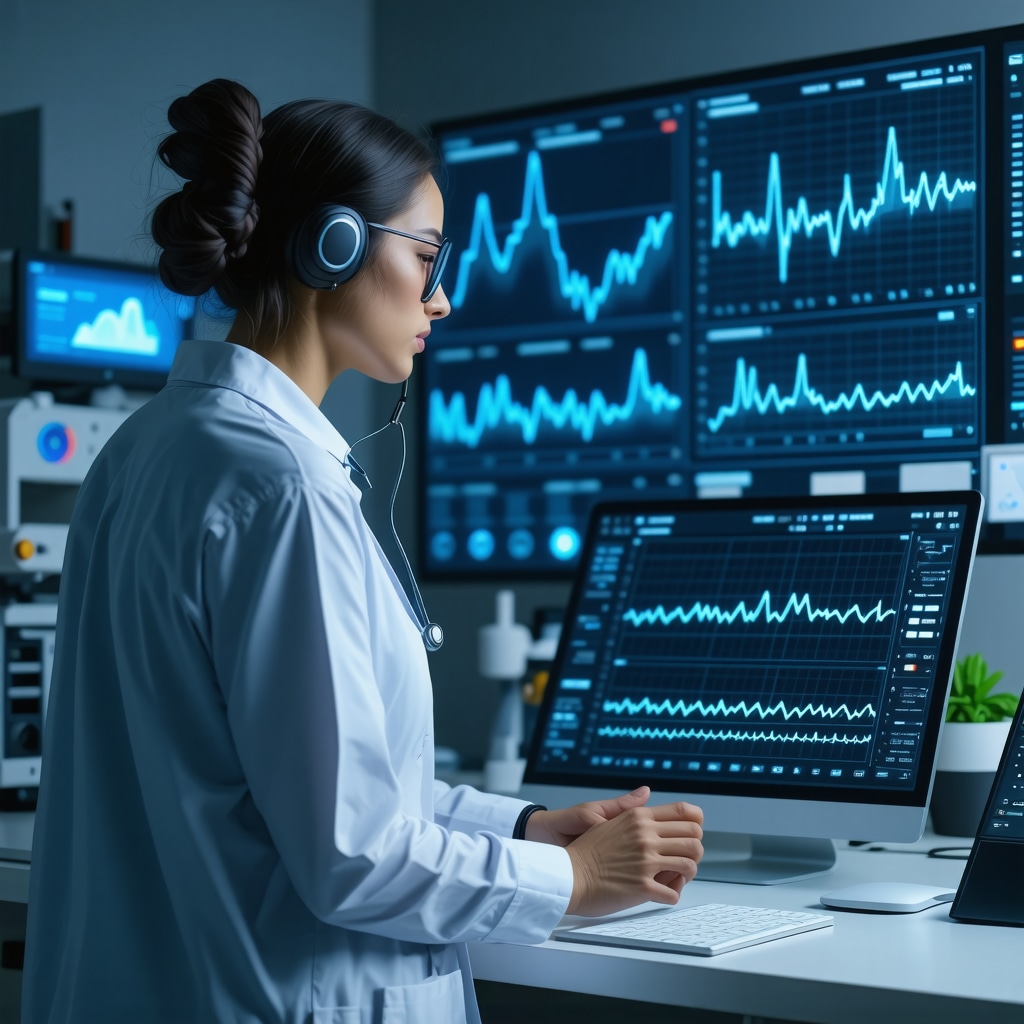 Digital health dashboard showing hormone level data from wearable biosensors and AI analysis in clinical environment
