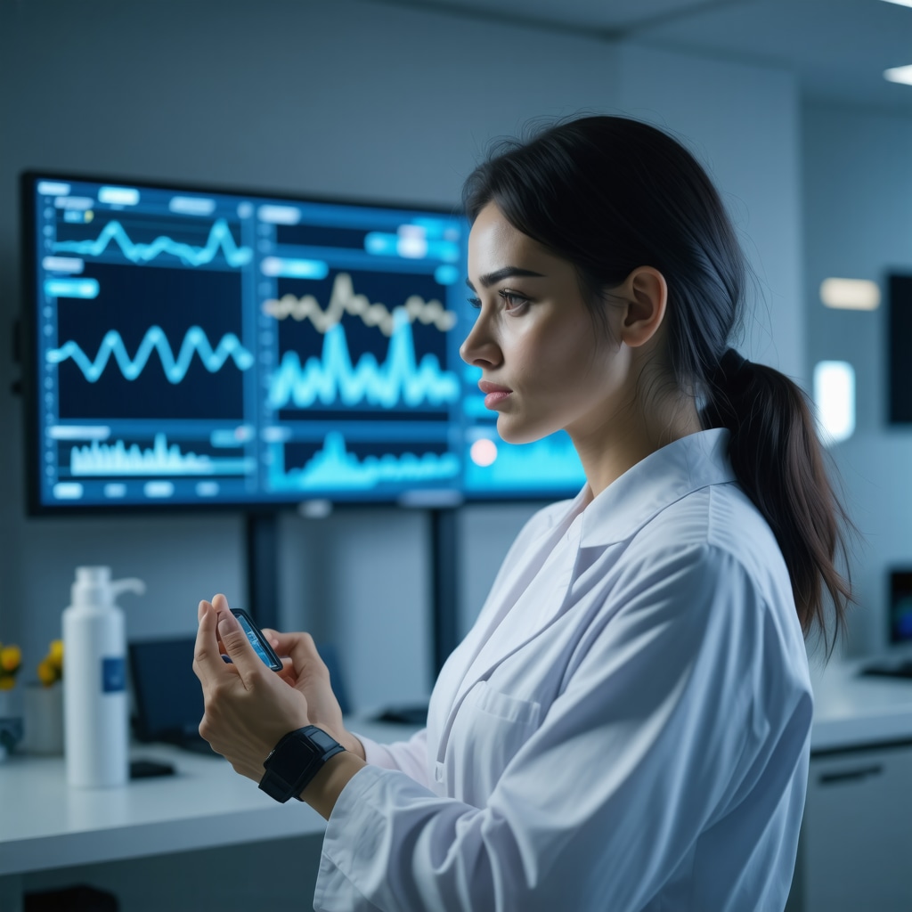 Healthcare professional using wearable biosensor to monitor hormone fluctuations in real-time
