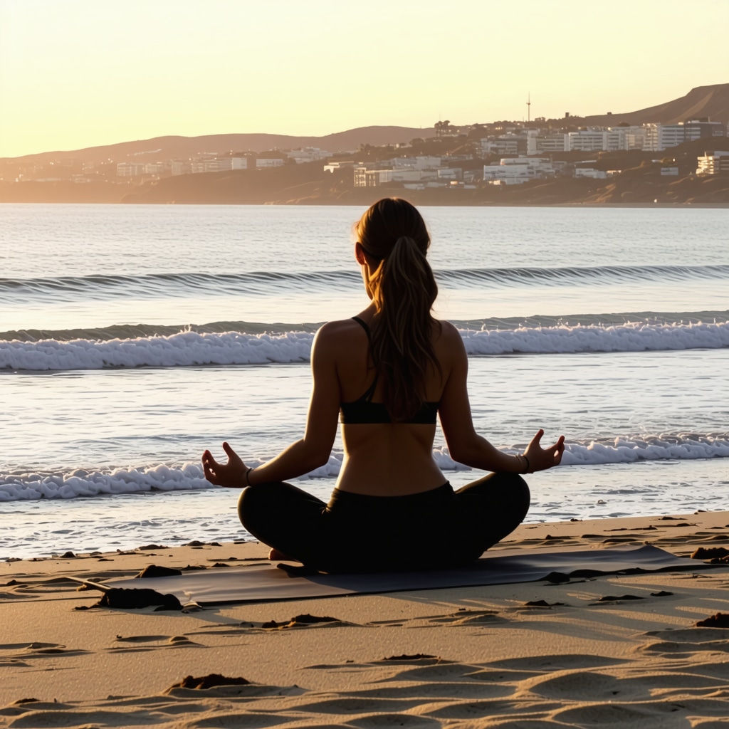 Person practicing yoga on San Diego beach at sunrise, symbolizing natural hormone optimization and balance