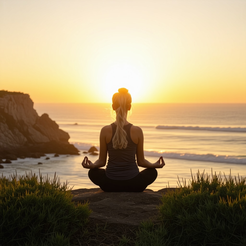 Mature adult meditating by the San Diego coast at sunrise representing hormone balance