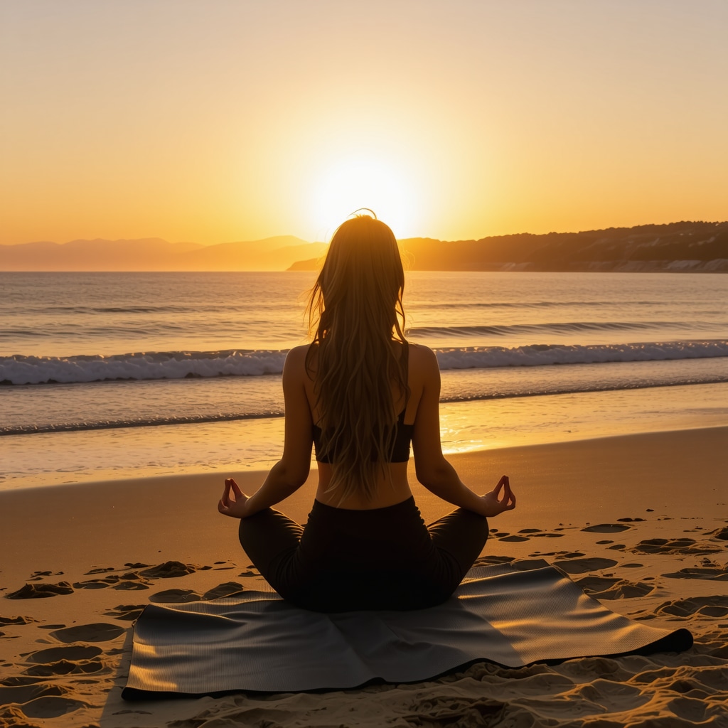 Woman practicing yoga on San Diego beach at sunrise symbolizing circadian rhythm optimization and hormone balance