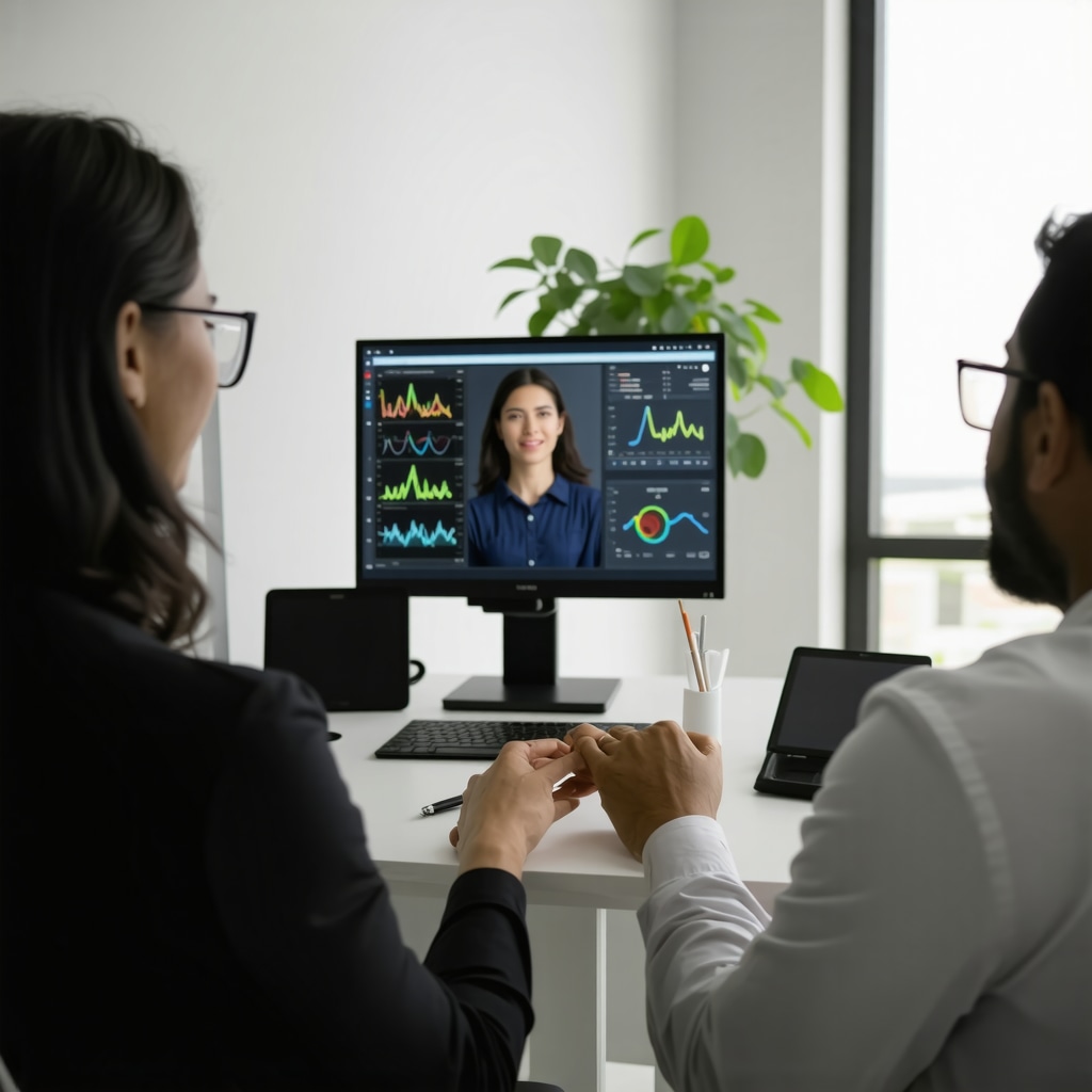 Patient in San Diego hormone clinic using telemedicine with digital hormone diagnostic data displayed