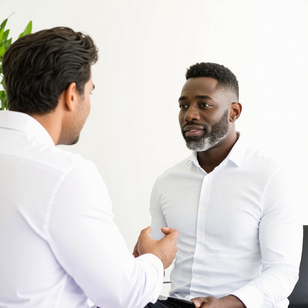 Middle-aged man consulting with San Diego hormone specialist about testosterone therapy, highlighting genetic profiling and pellet therapy options