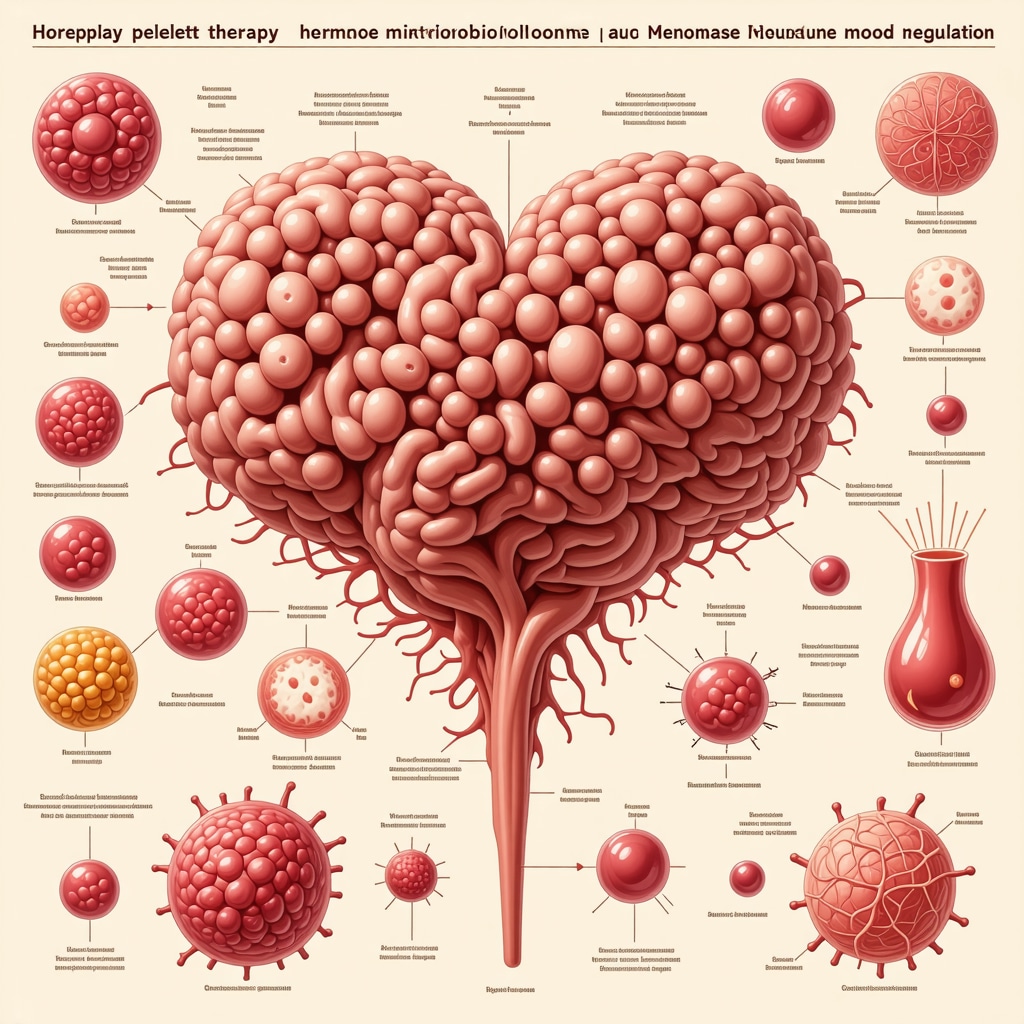 Infographic showing hormone pellet therapy's effects on gut microbiota and neuroimmune system for menopause mood swings