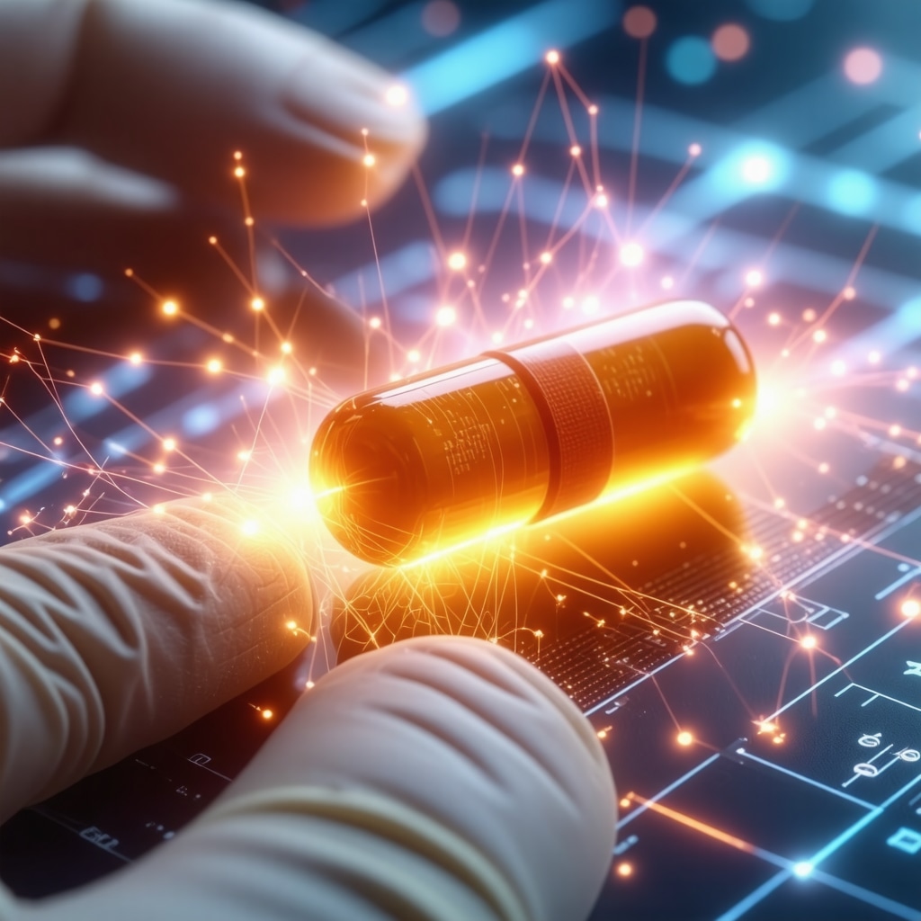 Illustration of a hormone pellet with embedded microchip transmitting data for real-time hormone monitoring