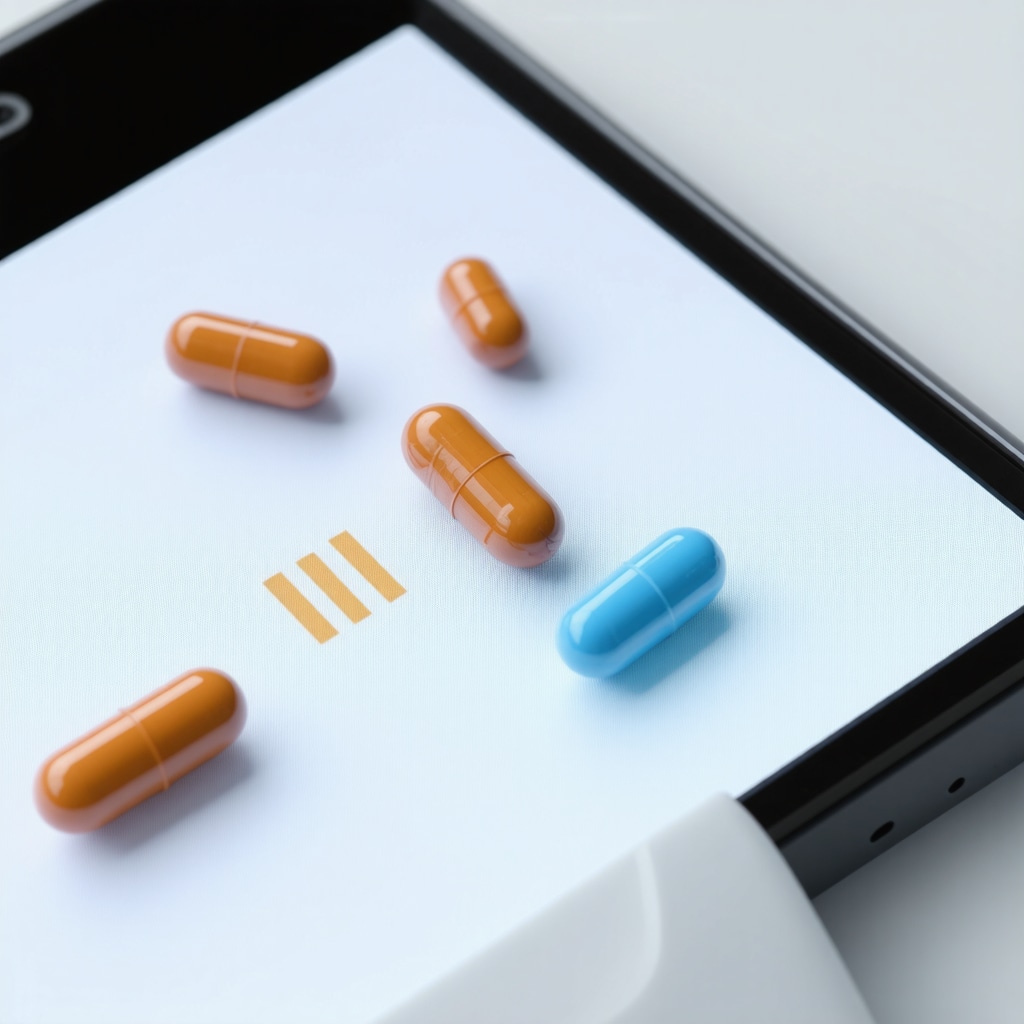 Medical illustration of hormone pellets with embedded microchips wirelessly transmitting data to a smartphone app for hormone therapy monitoring