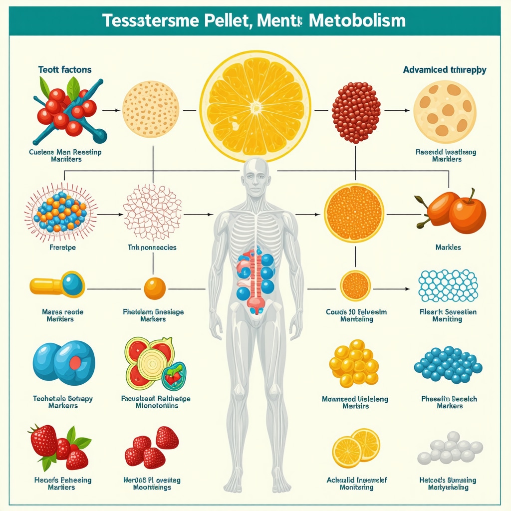 Infographic detailing testosterone pellet metabolism, genetic impact on therapy, and monitoring markers for men's health