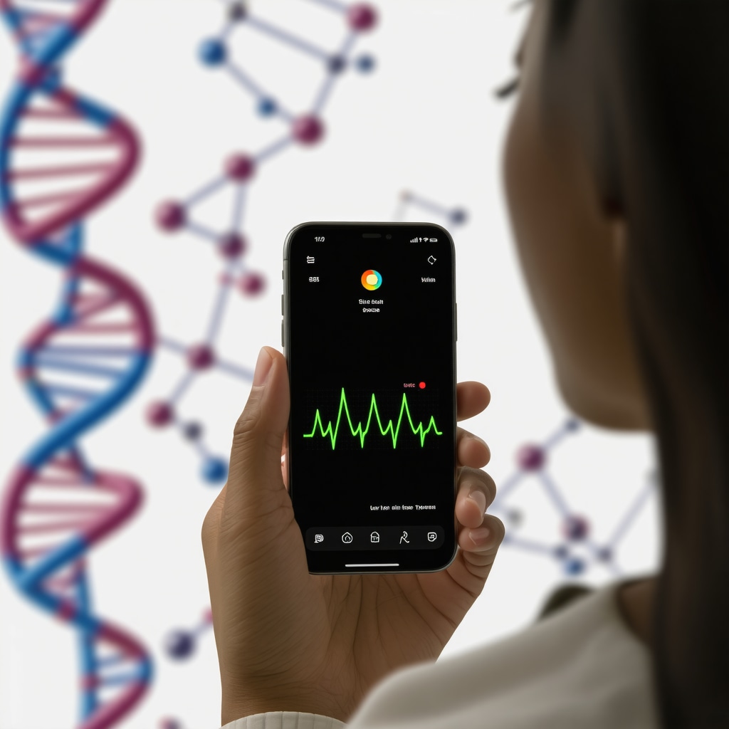 Wearable biosensor showing hormone levels on smartphone app with DNA and hormone molecule graphics in background
