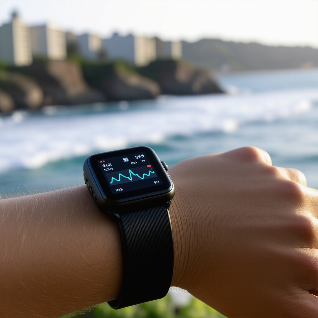 Wearable device displaying real-time hormone data with San Diego coastline in background